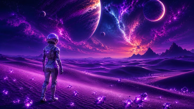Astronaut standing on a purple desert terrain with scattered crystals overlooking giant planets and a nebula.