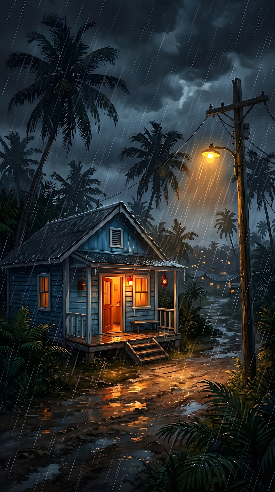 Atmospheric Illustration of a Small Blue House in the Rain at Night - Free 4K mobile Wallpaper