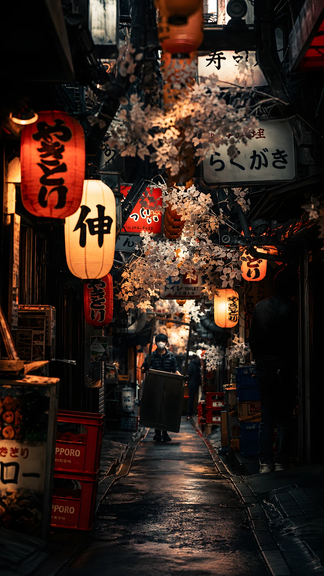Atmospheric Narrow Alley At Night Decorated With Traditional Red Lanterns - Free 4K mobile Wallpaper