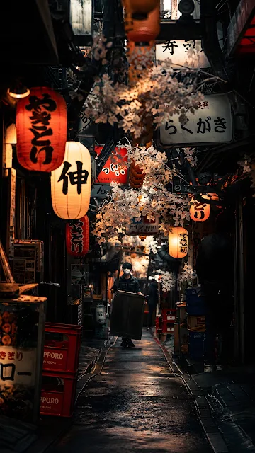 Narrow traditional alleyway illuminated by glowing red paper lanterns with cherry blossom decorations and wet pavement reflections.