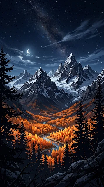 Autumn Mountain Valley Illustration in Anime Aesthetic - Free 4K & 8K mobile Wallpaper