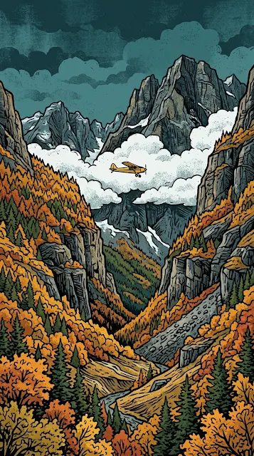 Autumn Mountain Valley Vector Landscape with Small Biplane - Free 4K & 8K mobile Wallpaper