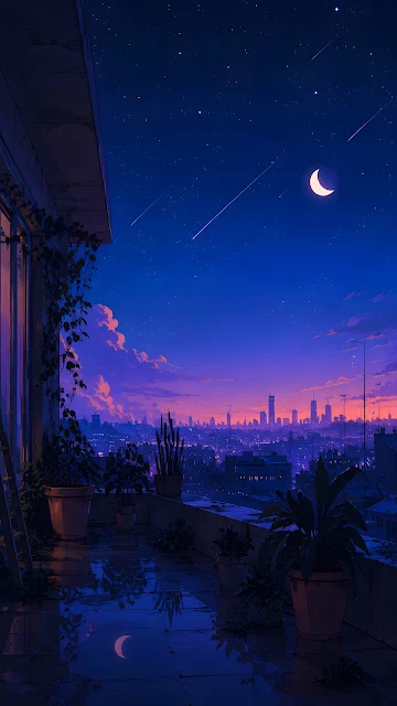 View from an apartment balcony overlooking a distant purple city skyline under a starry night sky with a crescent moon.