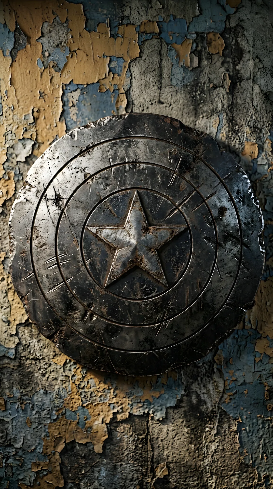 Battle-Damaged Captain America Shield on Textured Wall - Free 4K mobile Wallpaper
