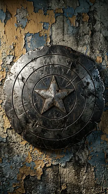 Battle-Damaged Captain America Shield on Textured Wall - Free mobile Wallpaper