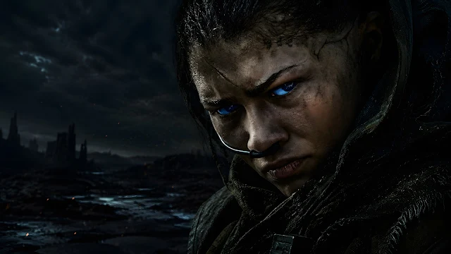 Battle-worn futuristic survivor with glowing blue eyes framed on the right.
