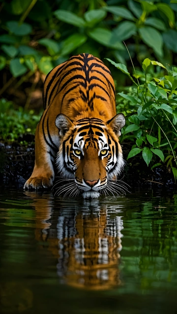 Bengal tiger leaning down to drink from dark water with sharp mirrored reflection.