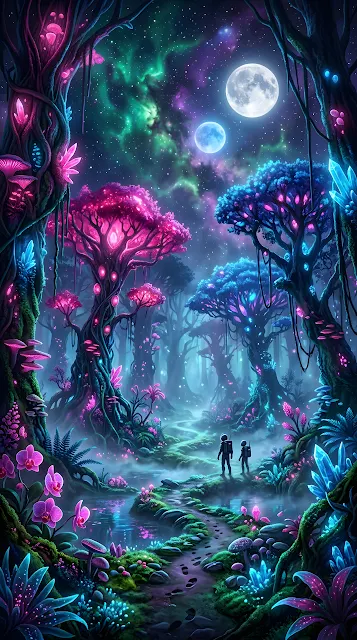Bioluminescent Alien Forest Fantasy Landscape - Free mobile Wallpaper