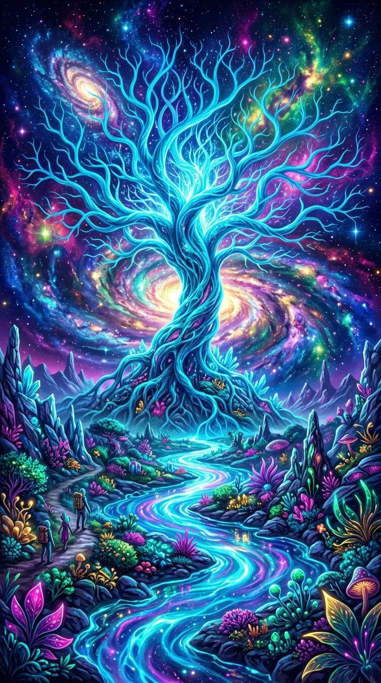 Download Bioluminescent Alien Tree and River of Light in Cosmic Landscape Wallpaper in 4K UHD Bioluminescent Alien Tree and River of Light in Cosmic Landscape - Free 8K and 4K mobile Wallpaper Background