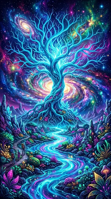 Bioluminescent Alien Tree and River of Light in Cosmic Landscape - Free 4K & 8K mobile Wallpaper