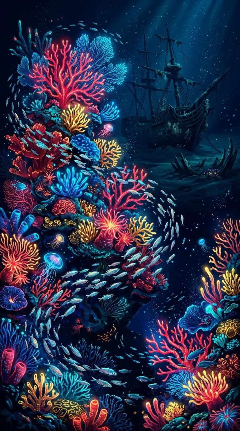 Download Bioluminescent Coral Reef and Sunken Pirate Ship Underwater Wallpaper in 4K UHD Bioluminescent Coral Reef and Sunken Pirate Ship Underwater - Free 8K and 4K mobile Wallpaper Background