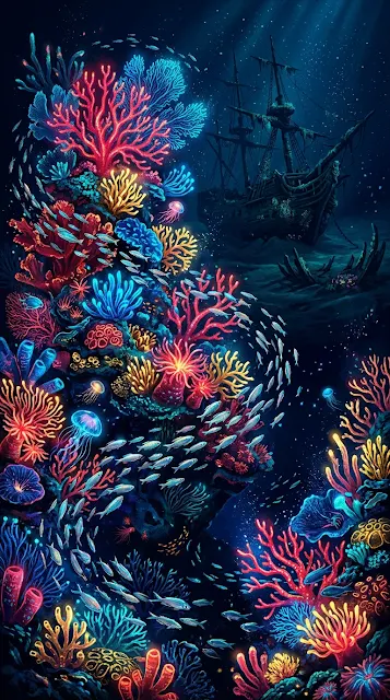 Bioluminescent Coral Reef and Sunken Pirate Ship Underwater - Free 4K & 8K mobile Wallpaper