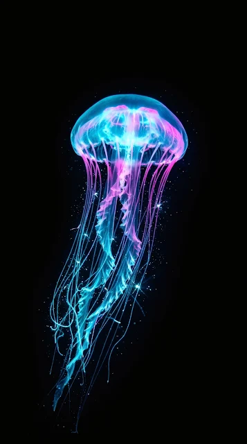 Glowing electric cyan and magenta bioluminescent jellyfish floating in pitch-black abyssal ocean waters.