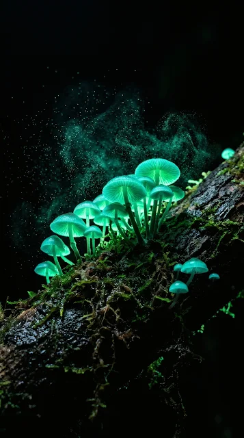 Clusters of glowing neon teal and emerald bioluminescent mushrooms on dark rotting wood in pitch-black night.