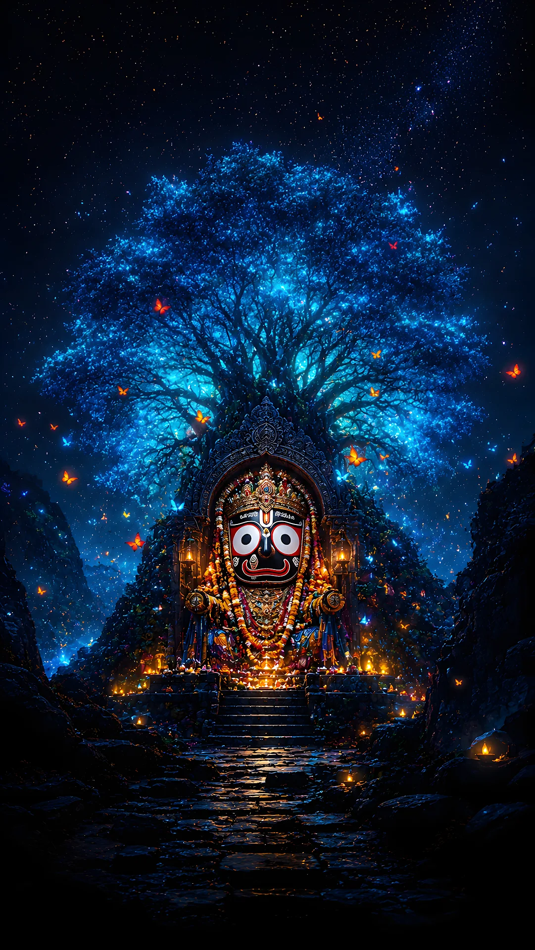 Bioluminescent Tree and Lord Jagannath Statue at Night - Free 4K mobile Wallpaper