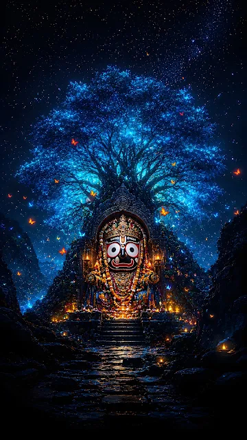 An illuminated statue of Lord Jagannath under a glowing blue bioluminescent tree on a dark rocky mountain peak at night.