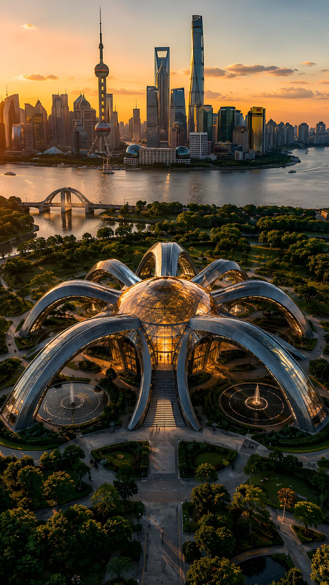 Biomorphic spider inspired dome building on riverside overlooking Shanghai skyline - Free 4K mobile Wallpaper