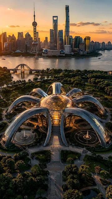 An aerial view of a futuristic biomorphic dome building with spider-like legs, situated in a riverfront park opposite the Pudong Shanghai skyline.