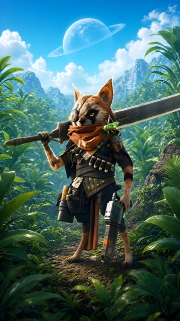 Anthropomorphic warrior carrying a broadsword and gun on a tropical trail under a ringed planet.