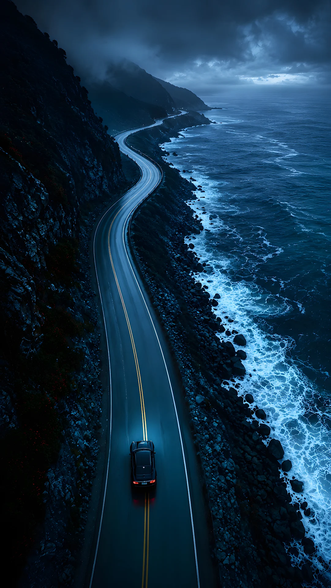 Black Car Driving Along Winding Coastal Cliff Highway At Night - Free 4K mobile Wallpaper