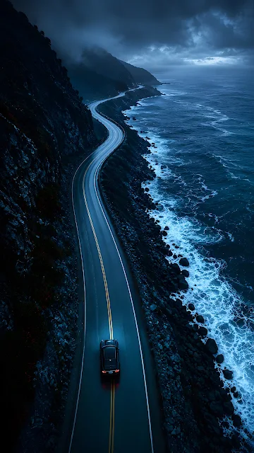 High angle aerial shot of a luxury black sedan driving along a winding asphalt highway on steep ocean cliffs under a dark blue night sky.