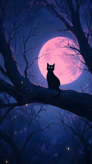A silhouette of a black cat sitting on a large tree branch in front of a giant pink full moon in a dark forest.