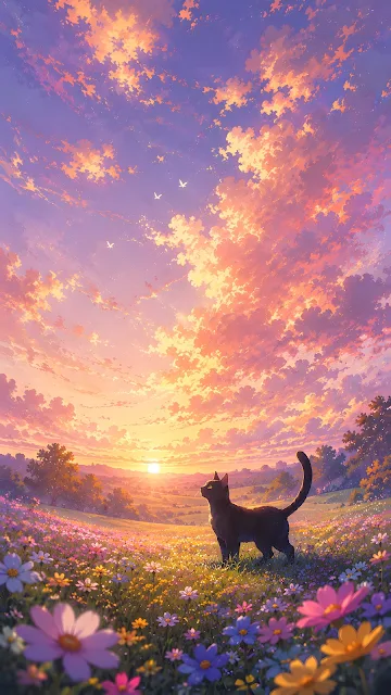 A black cat stands in a field of colorful wildflowers looking up at a pastel pink and purple sunset sky.
