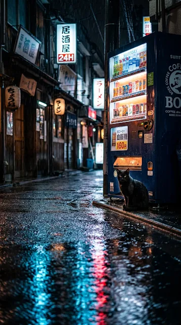 Black Cat by Vending Machine in Midnight Rain - Free 4K & 8K mobile Wallpaper