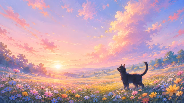 Illustration of a black cat standing in a flower meadow looking up at a pastel sunset sky.