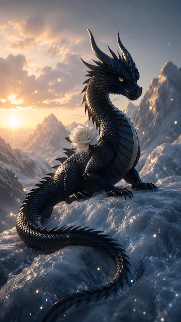 Regal black dragon beside a white rose on an icy mountain ledge under warm sunrise light.