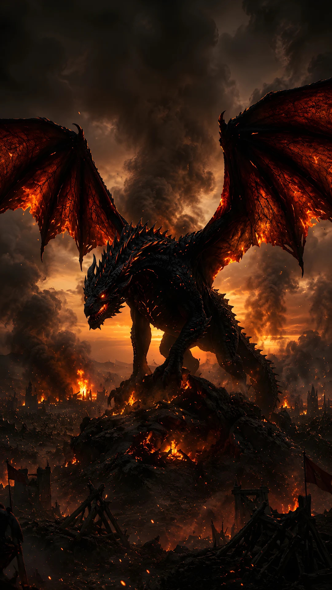 Black Fire Dragon Above a Ruined Battlefield - Free 4K mobile Wallpaper