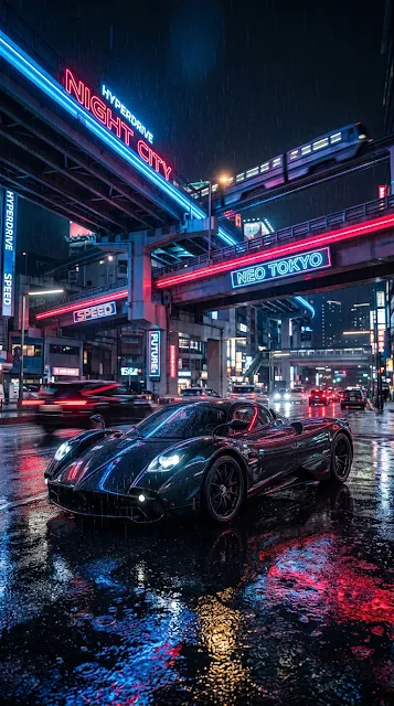 Black Hypercar Neon City Rain Aesthetic Wallpaper - Free 4K & 8K mobile Wallpaper
