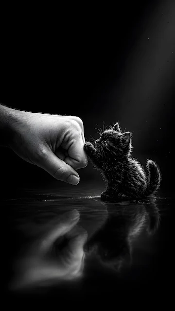 A tiny black kitten touching its small paw against a human fist in a fist bump gesture on a reflective surface.