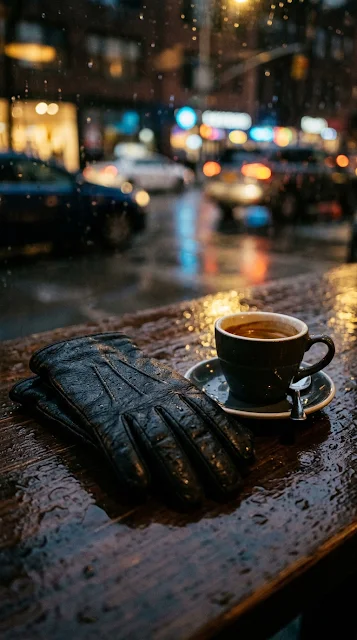 Black Leather Gloves on Rainy Cafe Table Wallpaper - Free 4K & 8K mobile Wallpaper