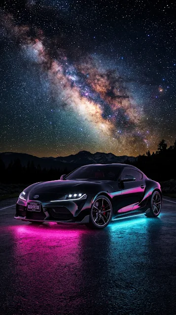 Black Luxury Sports Car parked under a Glowing Milky Way Sky - Free 4K & 8K mobile Wallpaper