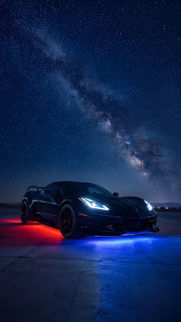 A black luxury sports car parked under a bright starry sky, illuminated from beneath by glowing red and blue neon lights.