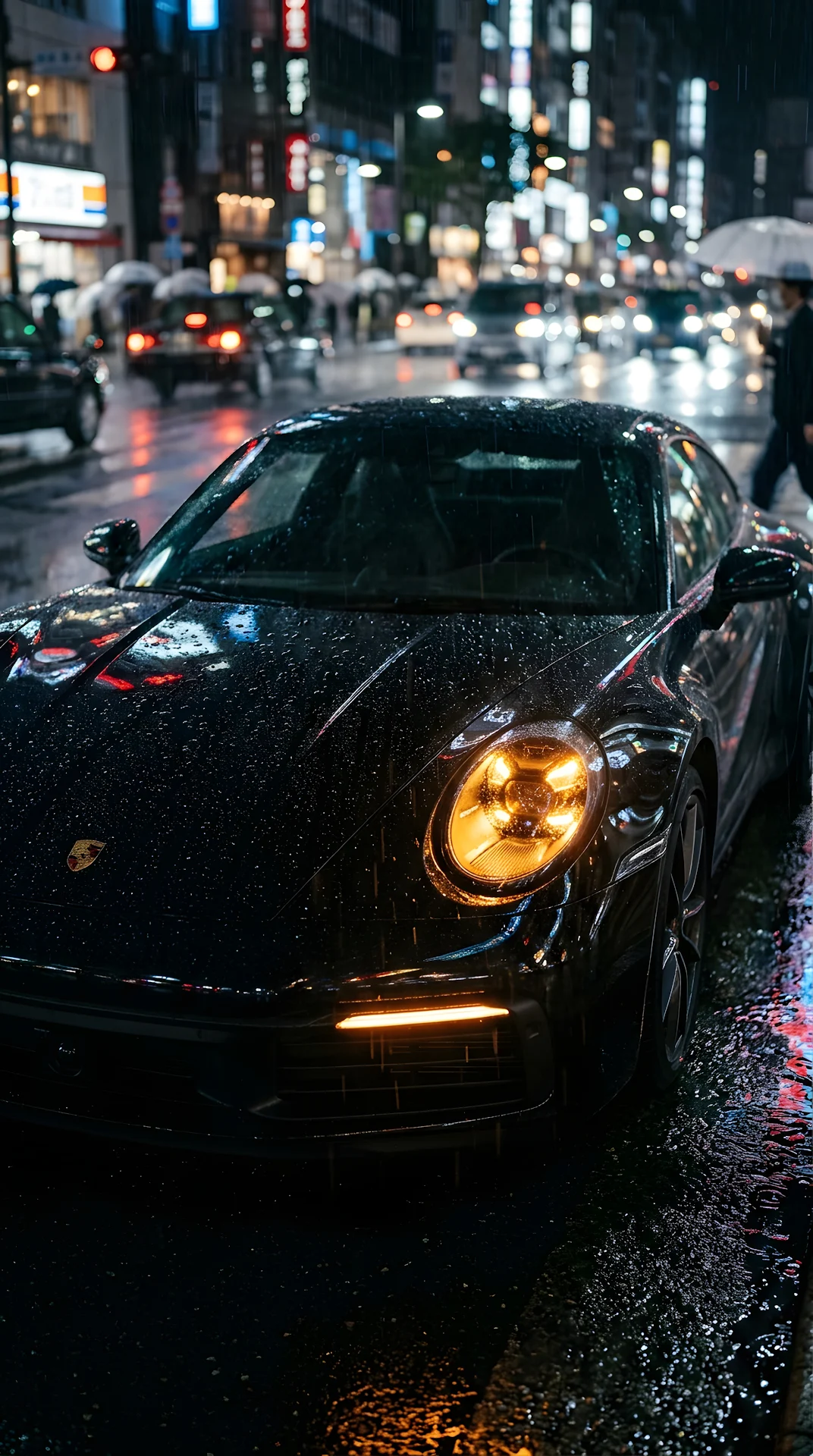 Black Luxury Sportscar in City Rain with Amber Headlights - Free 4K mobile Wallpaper