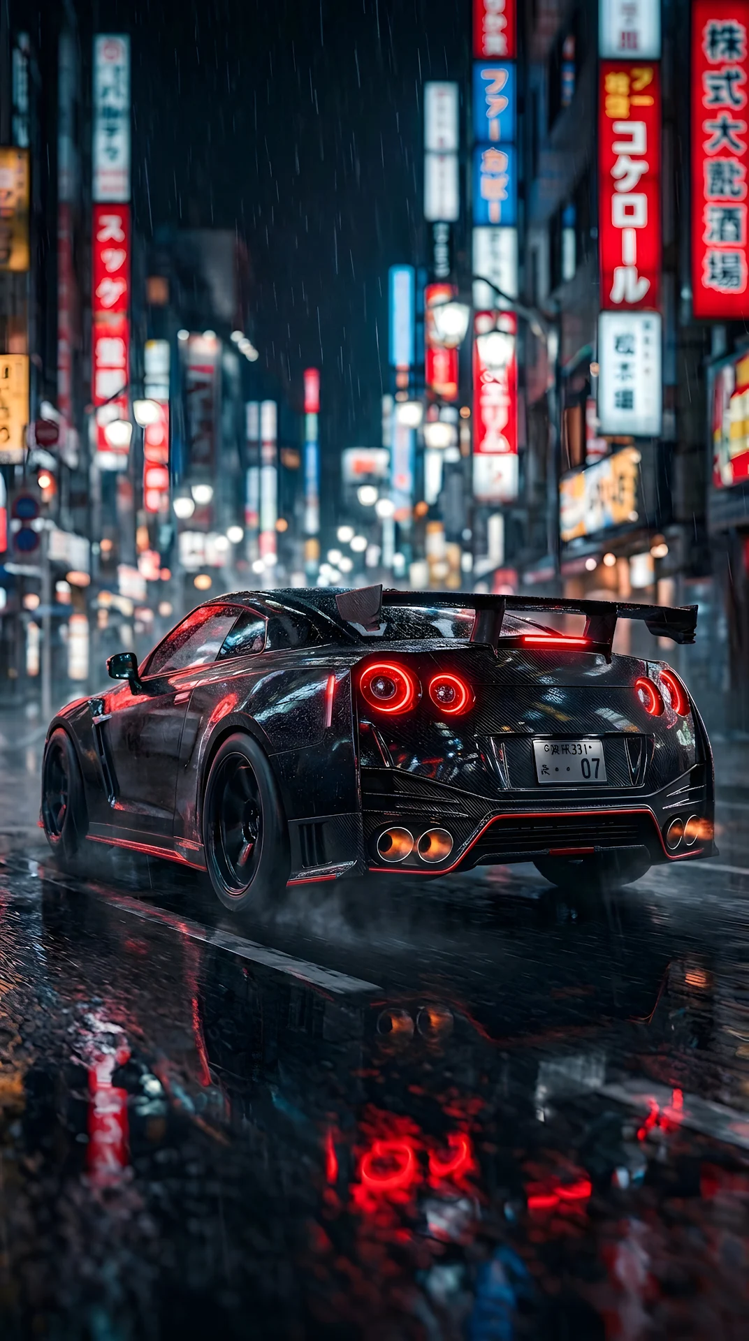 Black Modern Coupe in a Rainy Alley with Red Neon Backlighting at Night - Free 4K mobile Wallpaper