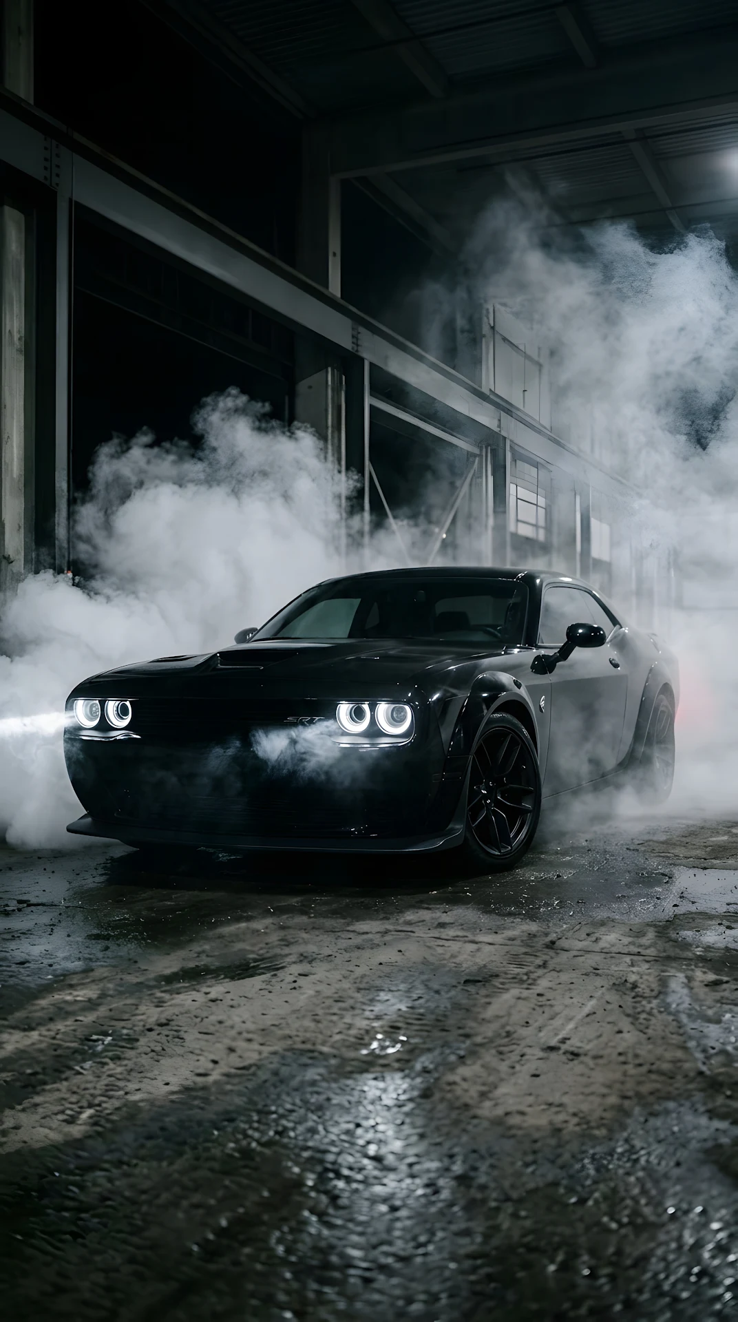 Black Muscle Car with Halo Headlights in Smoky Dark Environment - Free 4K mobile Wallpaper