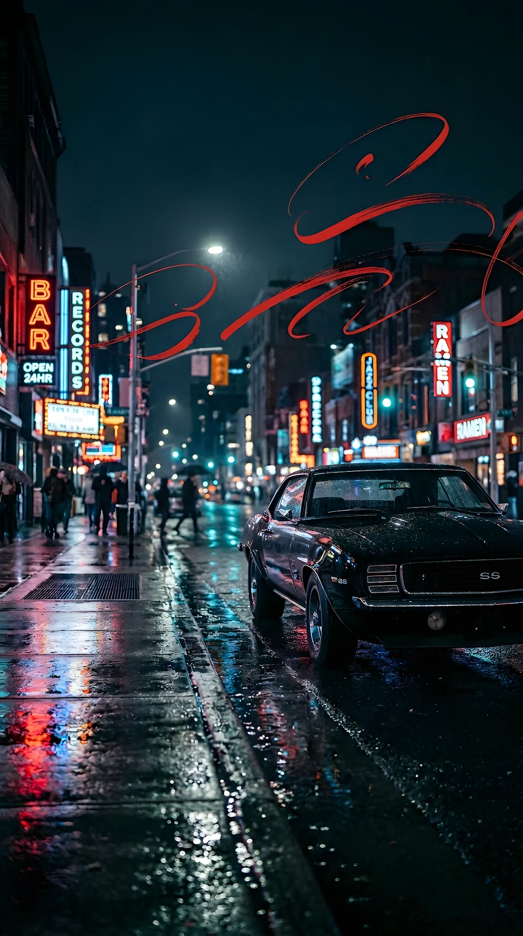 Black Vintage Muscle Car in Rainy City Street at Night - Free 4K mobile Wallpaper