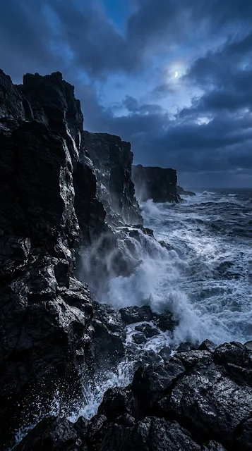Black Volcanic Cliffs and Stormy Sea Blue Hour Wallpaper - Free 4K & 8K mobile Wallpaper
