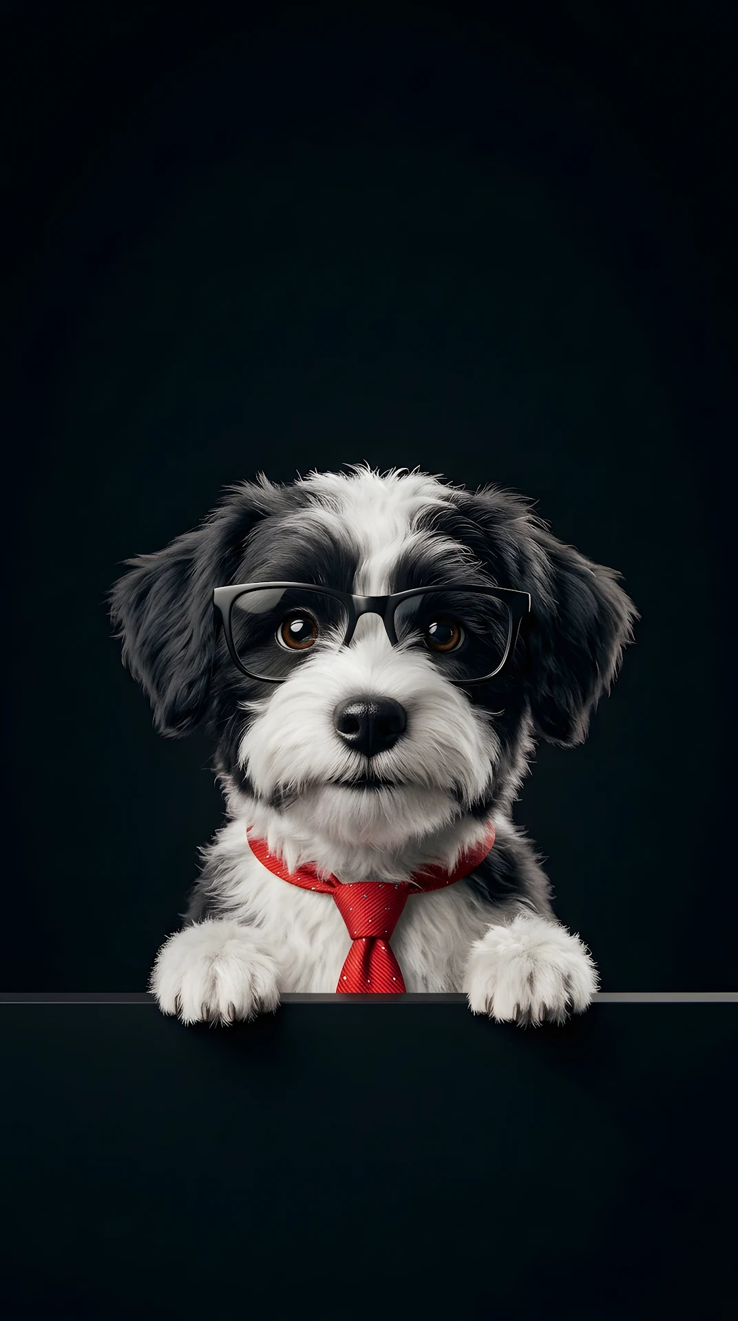 Black and White Dog Wearing Glasses and Red Tie Peeking Over Edge - Free 4K mobile Wallpaper