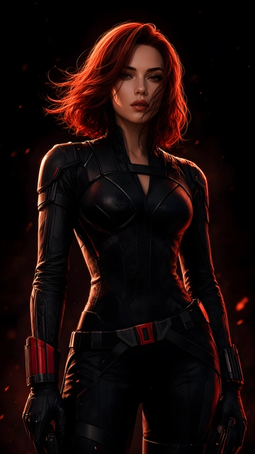 Black Widow standing in tactical armor with red lighting highlights and subtle embers in the background.