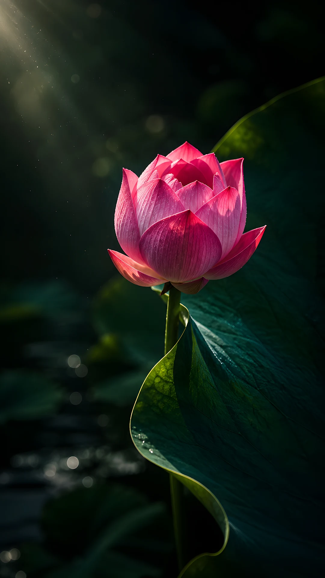 Blooming Pink Lotus Flower in Tranquil Water Dappled Light - Free 4K mobile Wallpaper