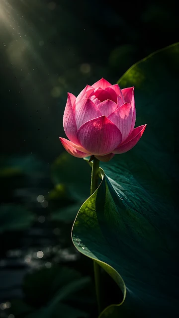 A close-up of a delicate pink lotus flower in full bloom rising above a large curved green leaf in dark water.