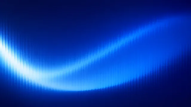 Bright cyan and royal blue curved sound wave pattern against a dark navy gradient background.