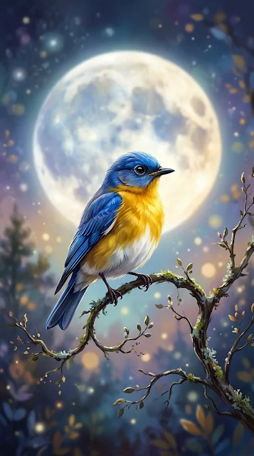 Blue Bird Perched on Branch Against Large Full Moon - Free 4K & 8K mobile Wallpaper