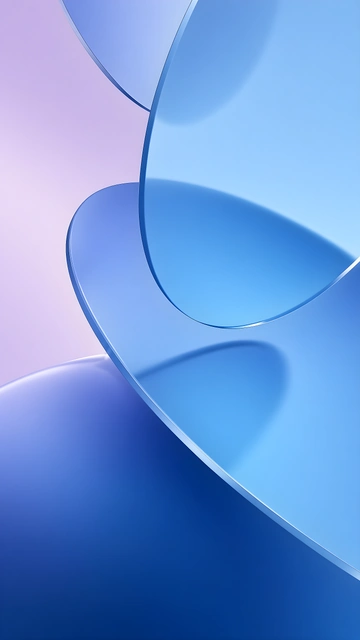 Curved translucent blue glass panels overlapping against a soft purple and blue gradient background.