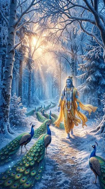 Blue Deity Walking through a Snowy Forest Accompanied by Peacocks - Free 4K & 8K mobile Wallpaper