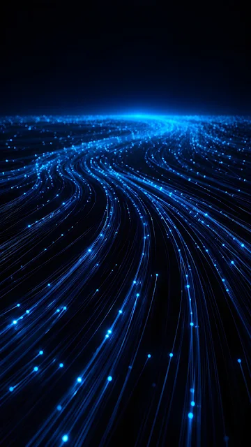 Fine blue light streams and glowing points sweep across a dark futuristic background.